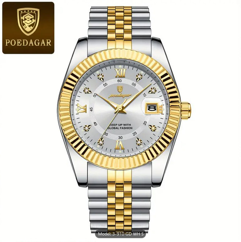 Poedagar Rhinestone Silevr Dial Quartz Watch Two-Tone Gold/Silver Bracelet Sieko Movement