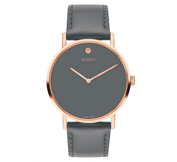 MOVADO Signature Mens Quartz Watch Gray Dial & Leather Band 14k IP Rose Gold Case