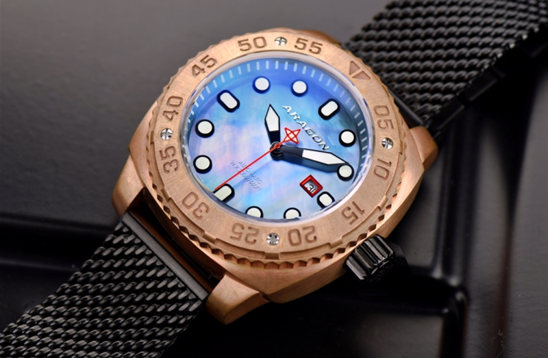 New! ARAGON Bronze Watch Swiss ETA2824 Automatic Parma Sapphire Crystal MOP Dial