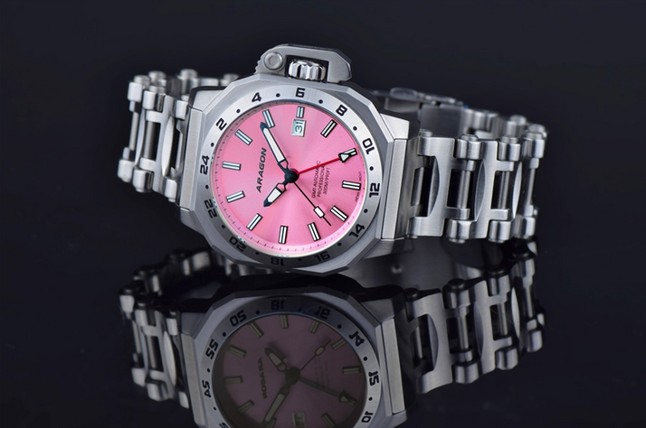 Aragon MillIpede Max GMT Automatic Watch PINK SunRay Dial 42mm 300 Meter A544PNK/LE