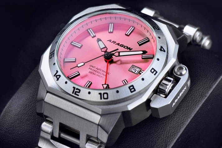 Aragon MillIpede Max GMT Automatic Watch PINK SunRay Dial 42mm 300 Meter A544PNK/LE