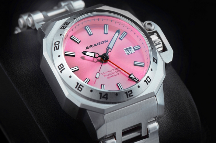 Aragon MillIpede Max GMT Automatic Watch PINK SunRay Dial 42mm 300 Meter A544PNK/LE