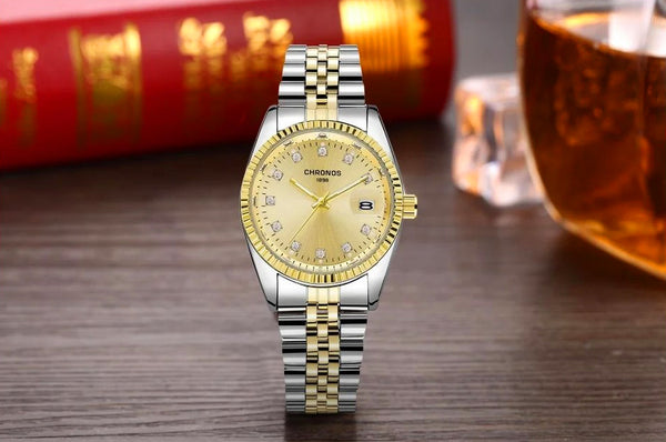 CHRONOS Stunning Rhinestone Gold Dial Watch Two-Tone Gold/Silver Bracelet Sieko Movement