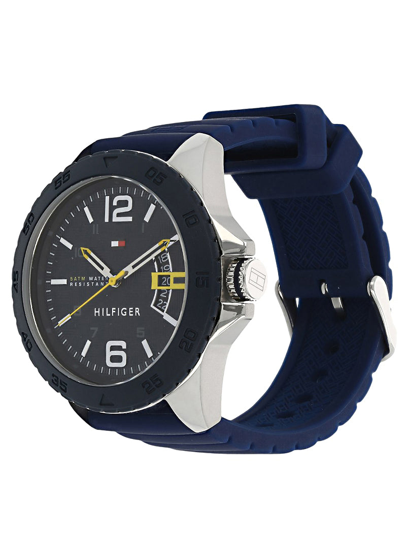 TOMMY HILFIGER Mens Quartz Watch 46mm Deep Blue Dial Blue Silicone Strap With Date
