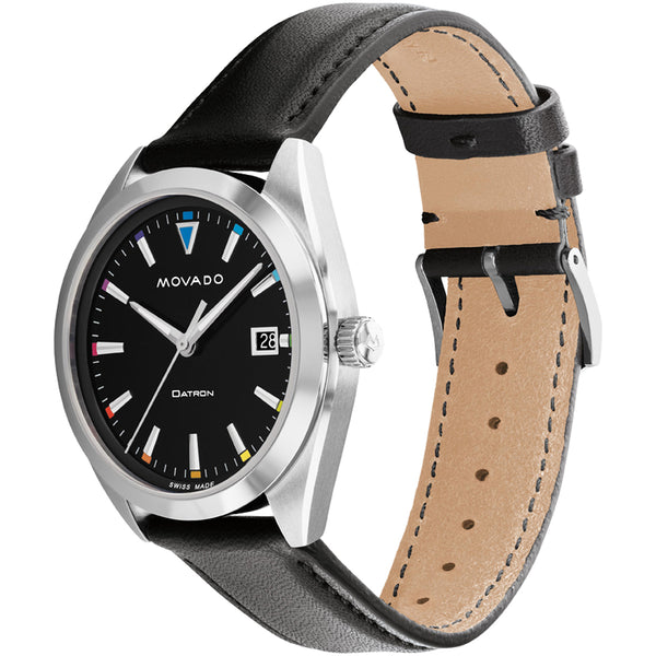 MOVADO Daytron Men's Quartz Watch Black Dial Siver Indices Date Leather 39mm 3650139
