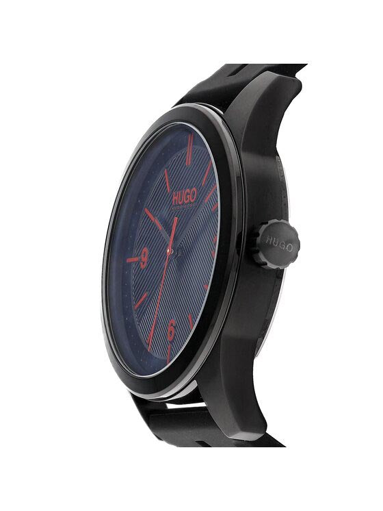 Mens HUGO BOSS Quartz Watch Black Dial w/Red Indices Black Silicone Stap 44mm 1530014