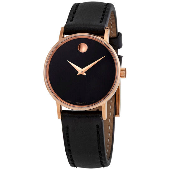 Movado Classic Museum Ladies Quartz Watch 14k IP Rose Gold Case Black Dial 0607320