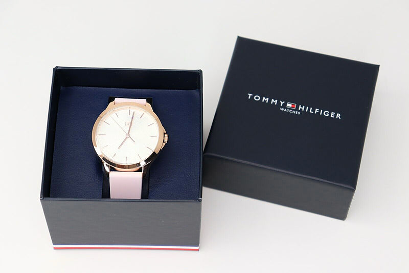 Tommy Hilfiger Ladies Quartz Watch White Logo Dial w/Rose Accents & Pink Band 1782011