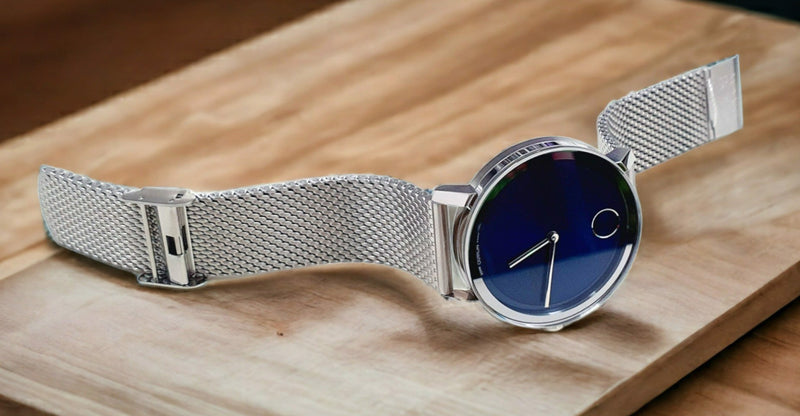 Movado Bold Evolution Quartz Watch Brushed Case Blue Dial Silver Hands Mesh Bracelet 3600901