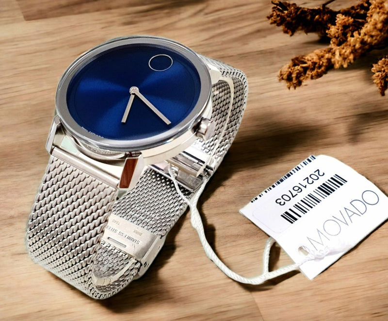 Movado Bold Evo Quartz Watch Brushed Case Blue Dial Silver Hands Mesh Bracelet 3600901