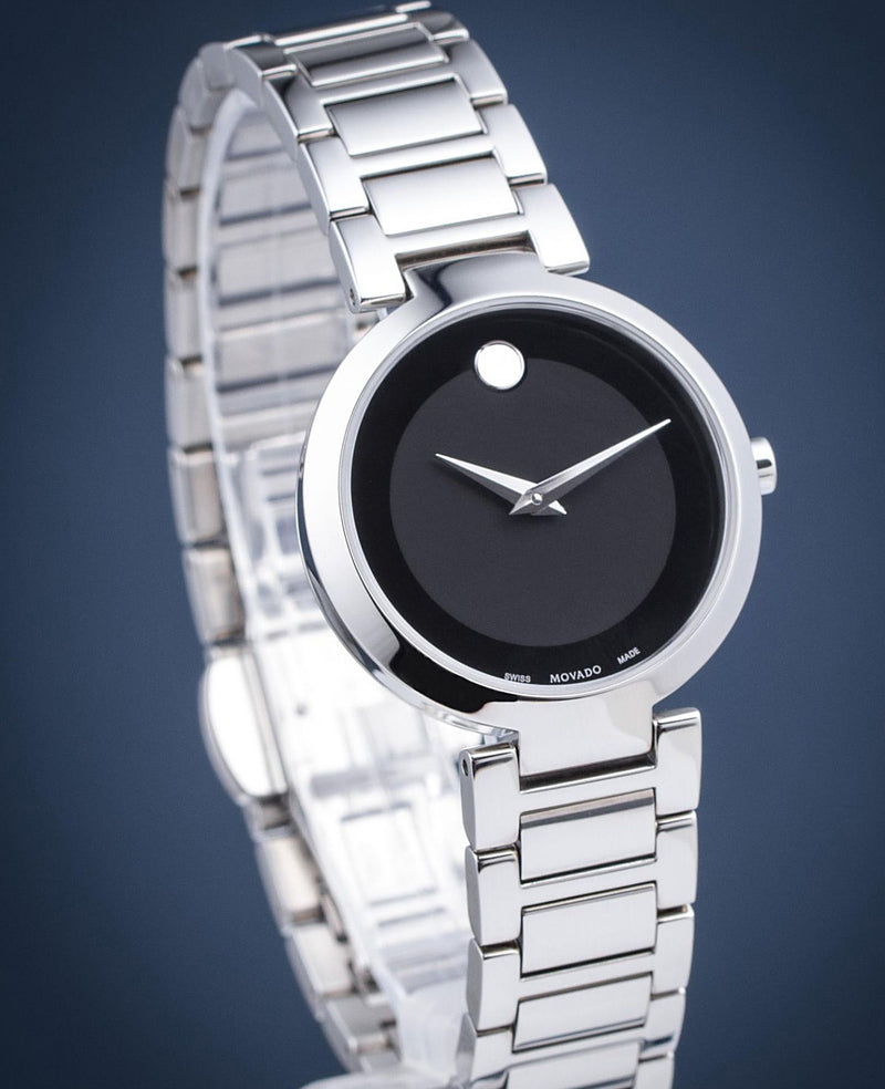 MOVADO Modern Classic Ladies Swiss Quartz Watch Black Dial Siver Hands Stainless 0607101