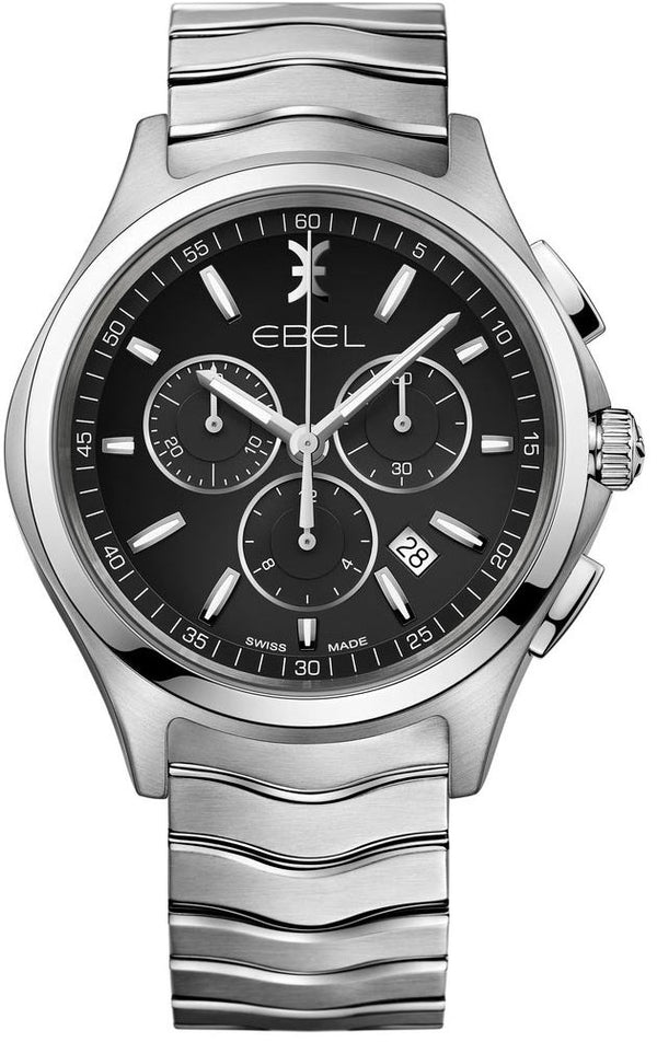 EBEL Watch Mens WAVE 42mm Silver Indices Black Dial SWISS Chronograph Quartz Watch