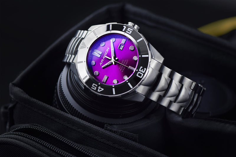 ARAGON Tungsten Bezel Automatic Watch Sapphire Crystal Swiss M'vmt Purple Dial 43mm