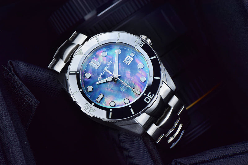 ARAGON Tungsten Bezel Automatic Watch Sapphire Crystal Swiss Mvmt 43mm MOP A504