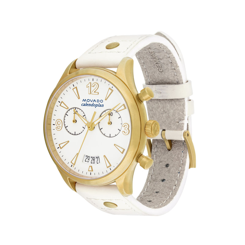 MOVADO Calendoplan Ladies Quartz Watch White Chronograph Dial Gold Case 3650026