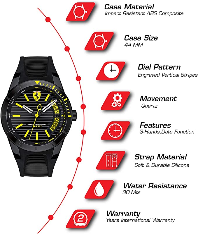 Ferrari RedRev T Quartz Watch Black Dial,Yellow Highlights w/Date 0830426