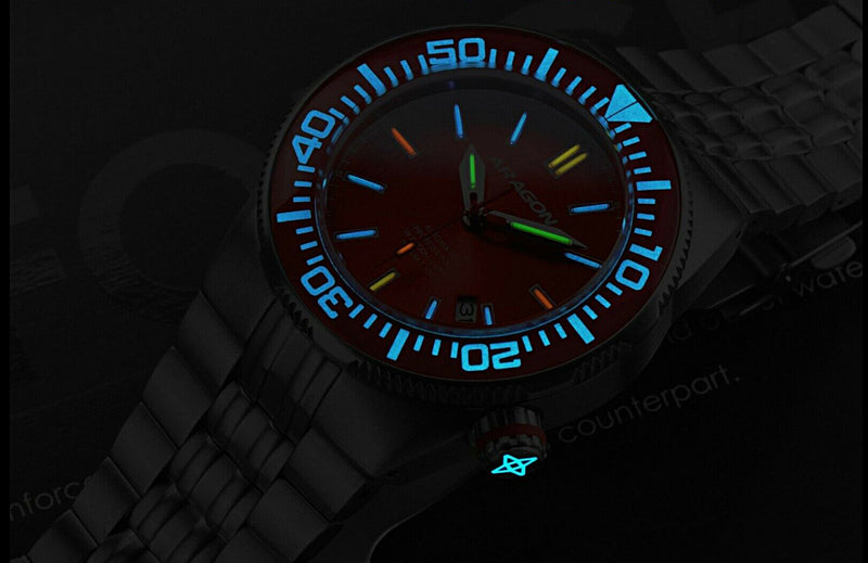 ARAGON Multi-Color TRITIUM Hercules 44mm Red Dial 20ATM Automatic Watch A378RED