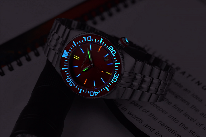 ARAGON Multi-Color TRITIUM Hercules 44mm Red Dial 20ATM Automatic Watch A378RED