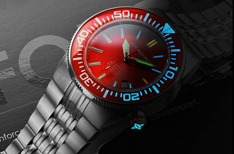 ARAGON Multi-Color TRITIUM Hercules 44mm Red Dial 20ATM Automatic Watch A378RED