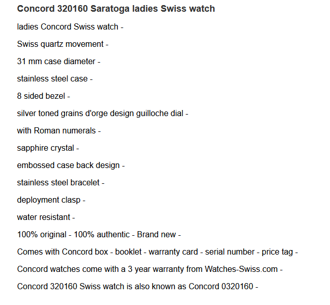 Concord Swiss Luxury Ladies Quartz Watch Saratoga Silver Textured Dial 0320160