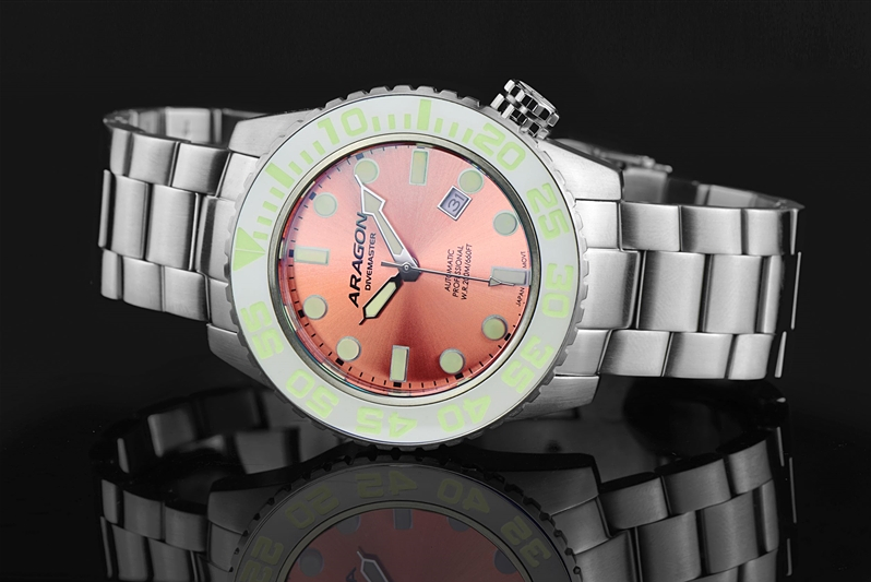 ARAGON LE Automatic Watch PINK Dial Sapphire Crystal 43mm Ceramic Bezel A486PNK