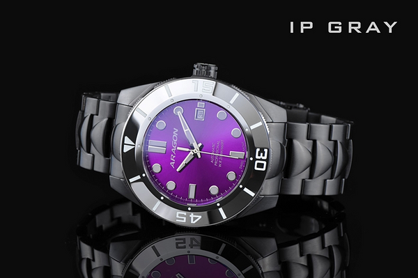 ARAGON Tungsten Bezel Automatic Watch Sapphire Crystal Swiss M'vmt Purple Dial 43mm