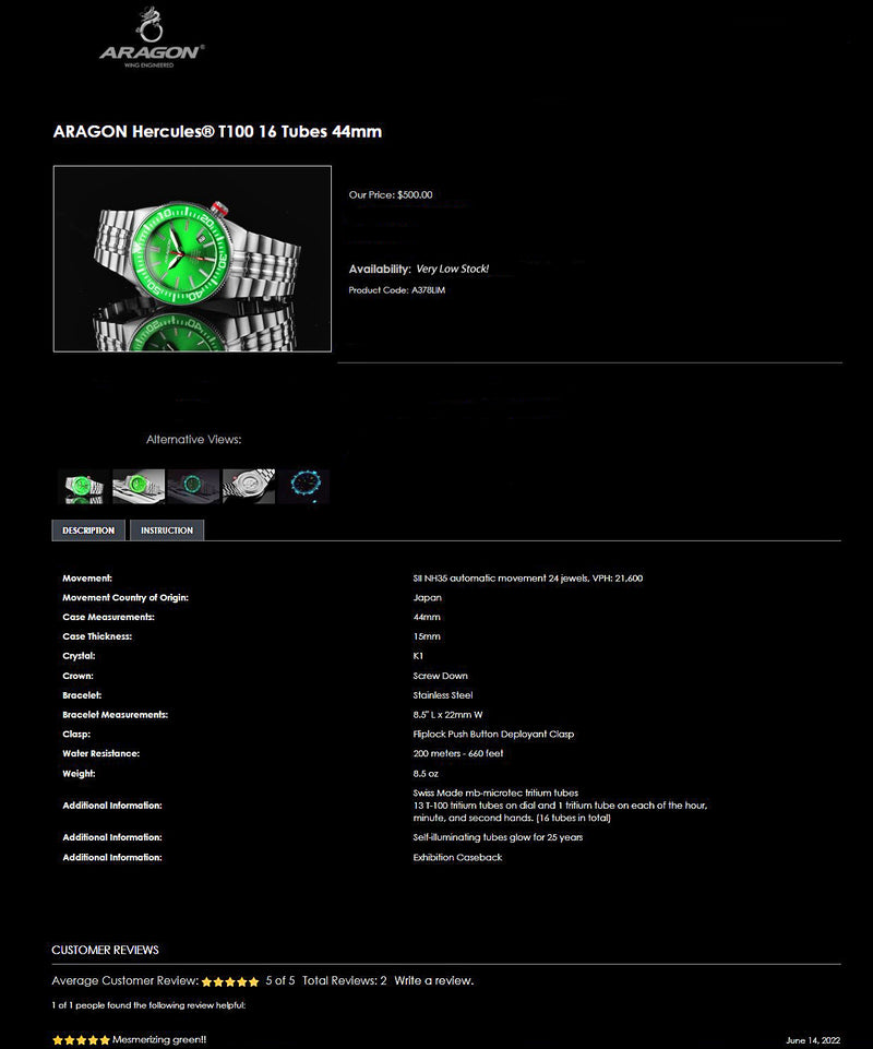 ARAGON Multi-Color TRITIUM Hercules 44mm Lime Green Dial 20ATM Automatic Watch A378LIM