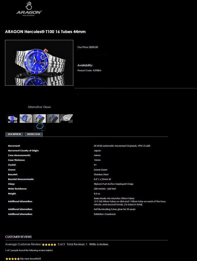 ARAGON Multi-Color TRITIUM Hercules 44mm Blue Dial 20ATM Automatic Watch A378BLU