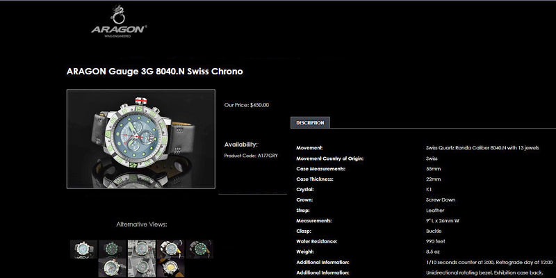 ARAGON Gauge Watch Swiss Quartz Chronograph Mens Black 55mm Gray Mult-Function Dial A177GRY
