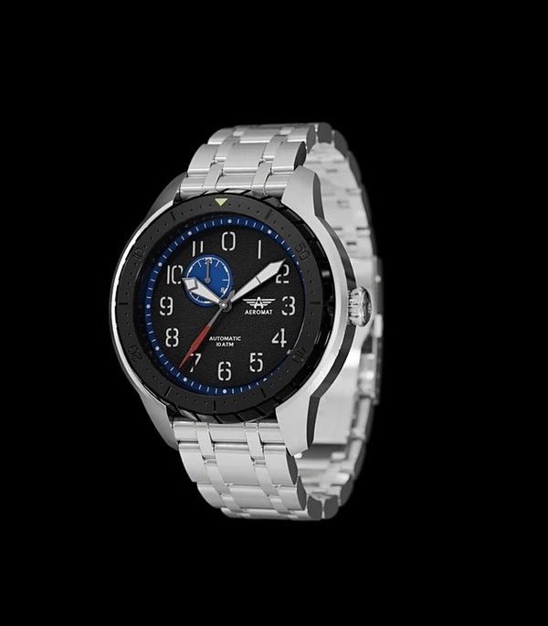 Aeromat Pilot Beluga Automatic Watch Stainless Steel w/Black Dial & 24 HR SubDial
