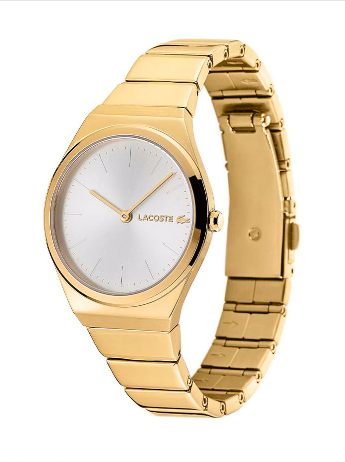 Lacoste Ladies Mia Quartz Watch Gator Logo Silver Dial Gold Hands, Bracelet & Case
