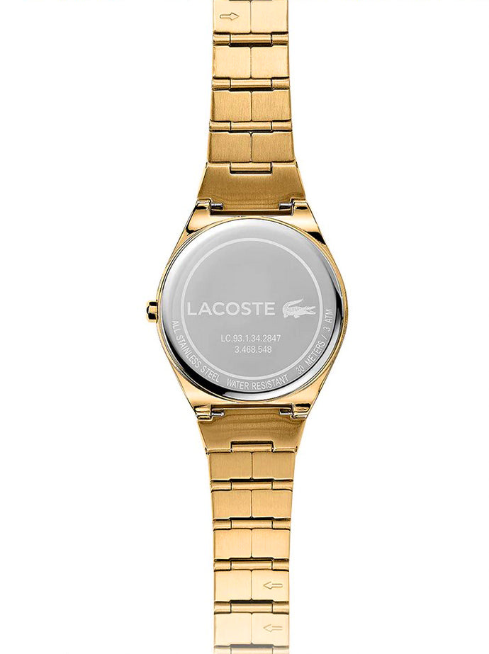 Lacoste Ladies Mia Quartz Watch Gator Logo Silver Dial Gold Hands, Bracelet & Case