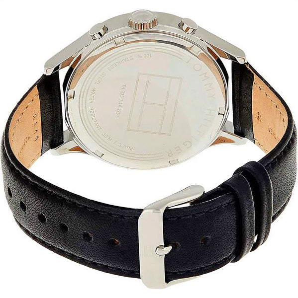 TOMMY HILFIGER Ian Mens Quartz Watch 44mm White Dial Black Leather Strap With Date