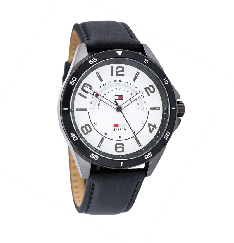 TOMMY HILFIGER Ian Mens Quartz Watch 44mm White Dial Black Leather Strap With Date
