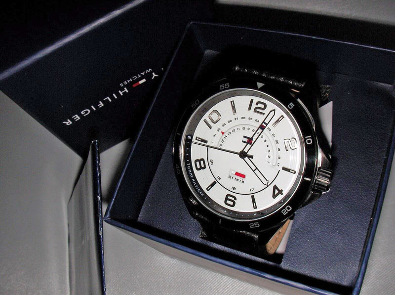 TOMMY HILFIGER Ian Mens Quartz Watch 44mm White Dial Black Leather Strap With Date
