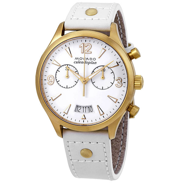 MOVADO Calendoplan Ladies Quartz Watch White Chronograph Dial Gold Case 3650026
